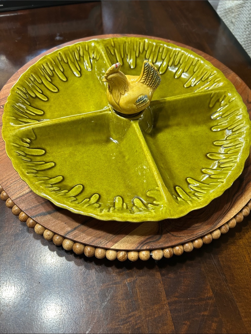 Vintage MCM 1960’s Calif USA Pottery Olive Green Divided Relish Dish w/ Chicken